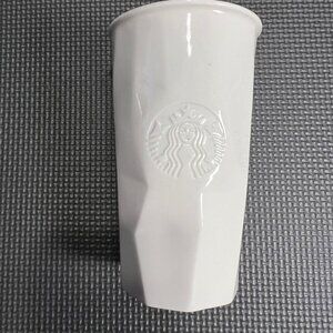 Starbucks White Geometric Ceramic Tumbler 10 Fl Oz 2013 Embossed Siren Logo